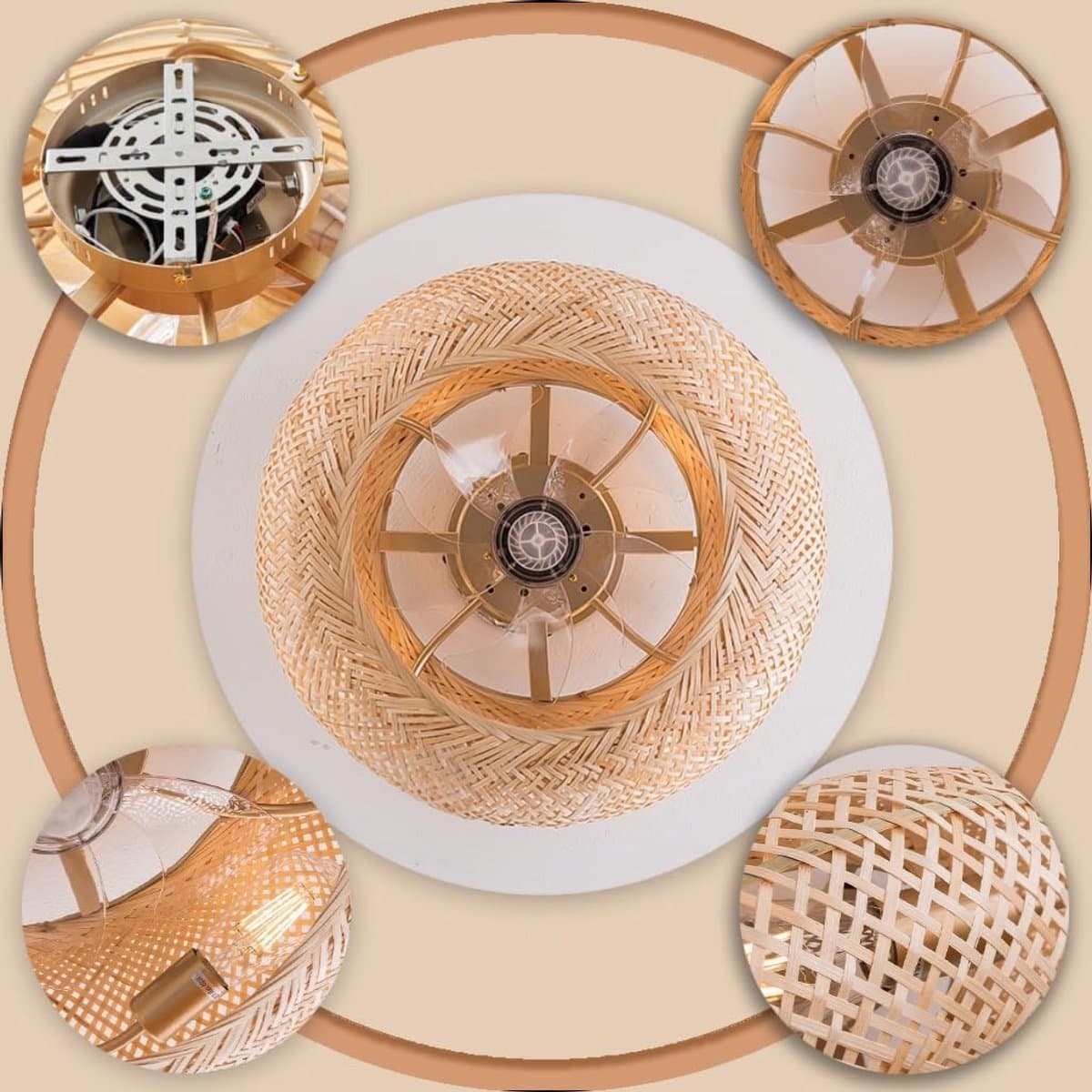 Bamboe Plafondlamp Met Verlichting En Afstandsbediening – Rustieke En Industrieel Design Plafondventilator — afbeelding 1