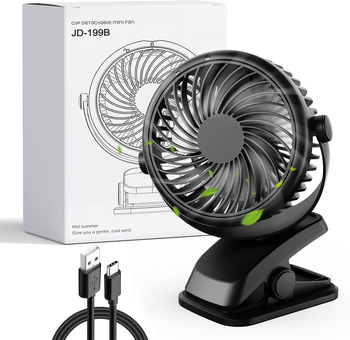 Mini Ventilator met Clip – Oplaadbare Tafelventilator – Stil – 720° Draaibaar – 3 Snelheden – USB-C — afbeelding 1