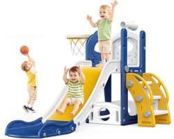 Grote blauwe glijbaan voor kleine kinderen met basketbalmand, glijbaan voor peuters van 1 tot 3 peuters, klimer, glijbaan, speelset met opbergruimte, binnen en buiten, speelgoed voor