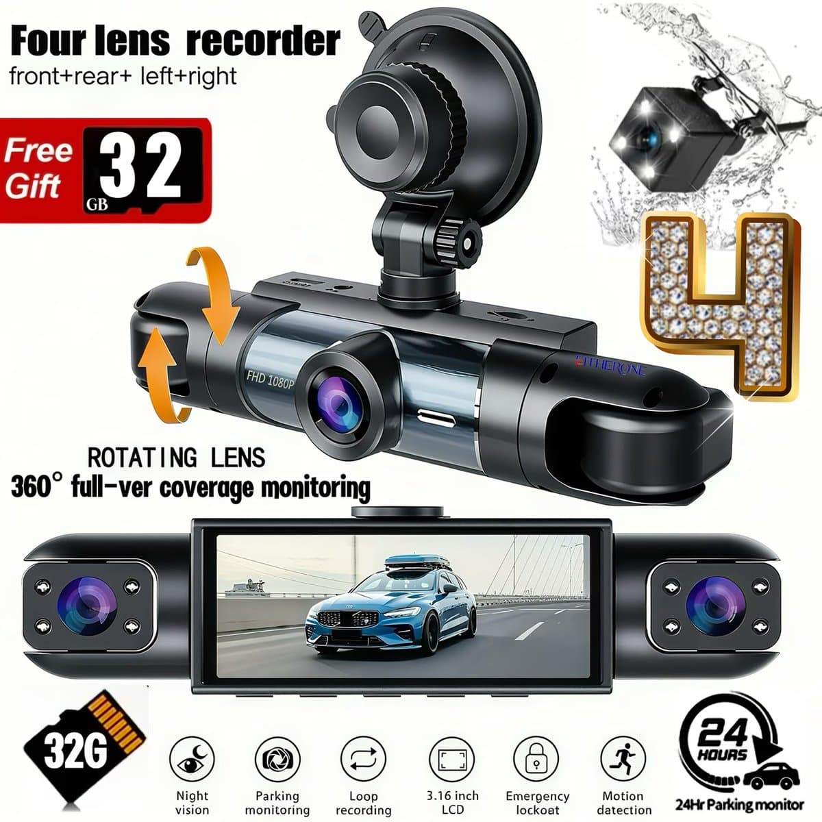 4-Camera Dashcam – 1080P Full HD Voorcamera & 720P Achter-, Linker- en Rechtercamera – Inclusief 32GB Geheugenkaart — afbeelding 1