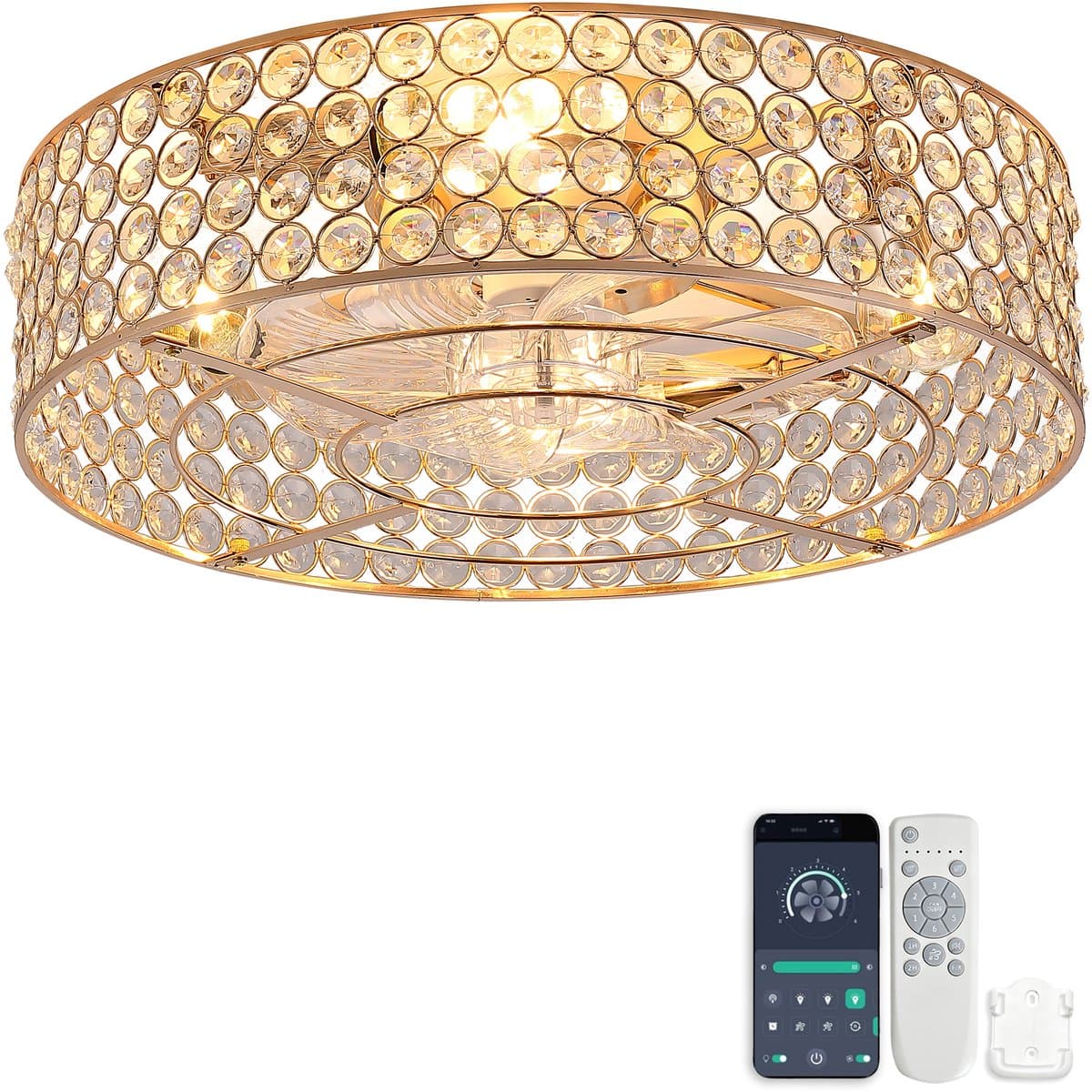 19 inch Inbouwventilatorlamp - Dubbele bediening via app en afstandsbediening - 6 snelheidsstanden - Omkeerbare luchtstroom - Gouden kristallen - ABS-bladen — afbeelding 1