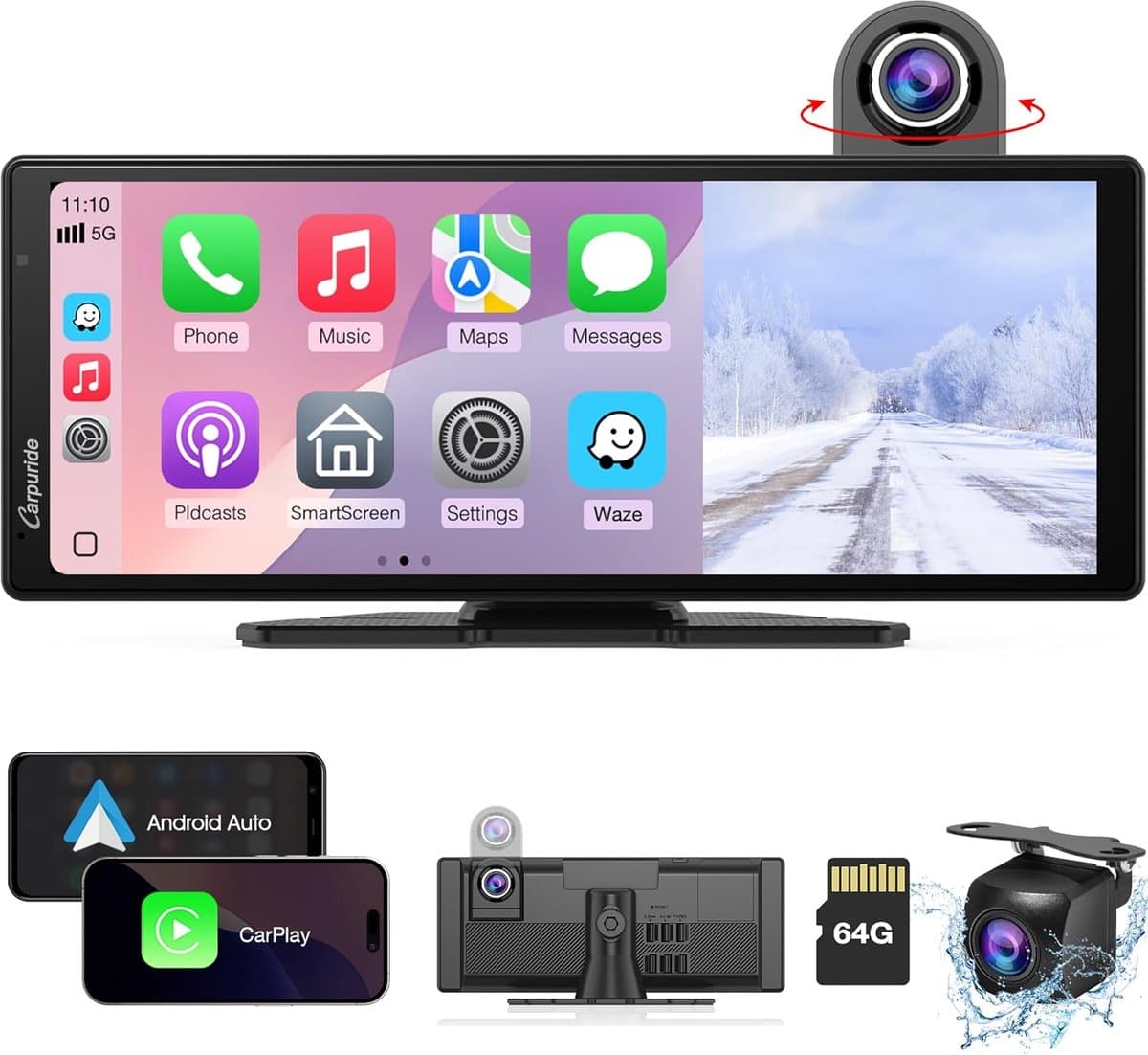 Wireless Carplay & Android Auto met Dash Cam - 10,26" HD IPS Touch Car Play-scherm voor auto, 4K-voor- en 1080P-achtercamera, loop-opname, Bluetooth-audio, Mirror Link, GPS, Siri — afbeelding 1