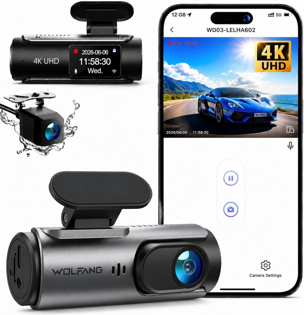 Dashcam voor auto - Zwart - 4K en Full HD - Dubbele Camera met Nachtzicht en WiFi - Voor Veilig Rijden — afbeelding 1