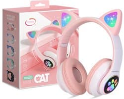 Casamix Kinder hoofdtelefoon - kattenoortjes roos- NL handleiding -cat headphones- Draadloze koptelefoon Bluetooth - Met Led Kat Oortjes | met verlichting poot- Kat oor Koptelefoon draadloze Bluetooth met flitslicht