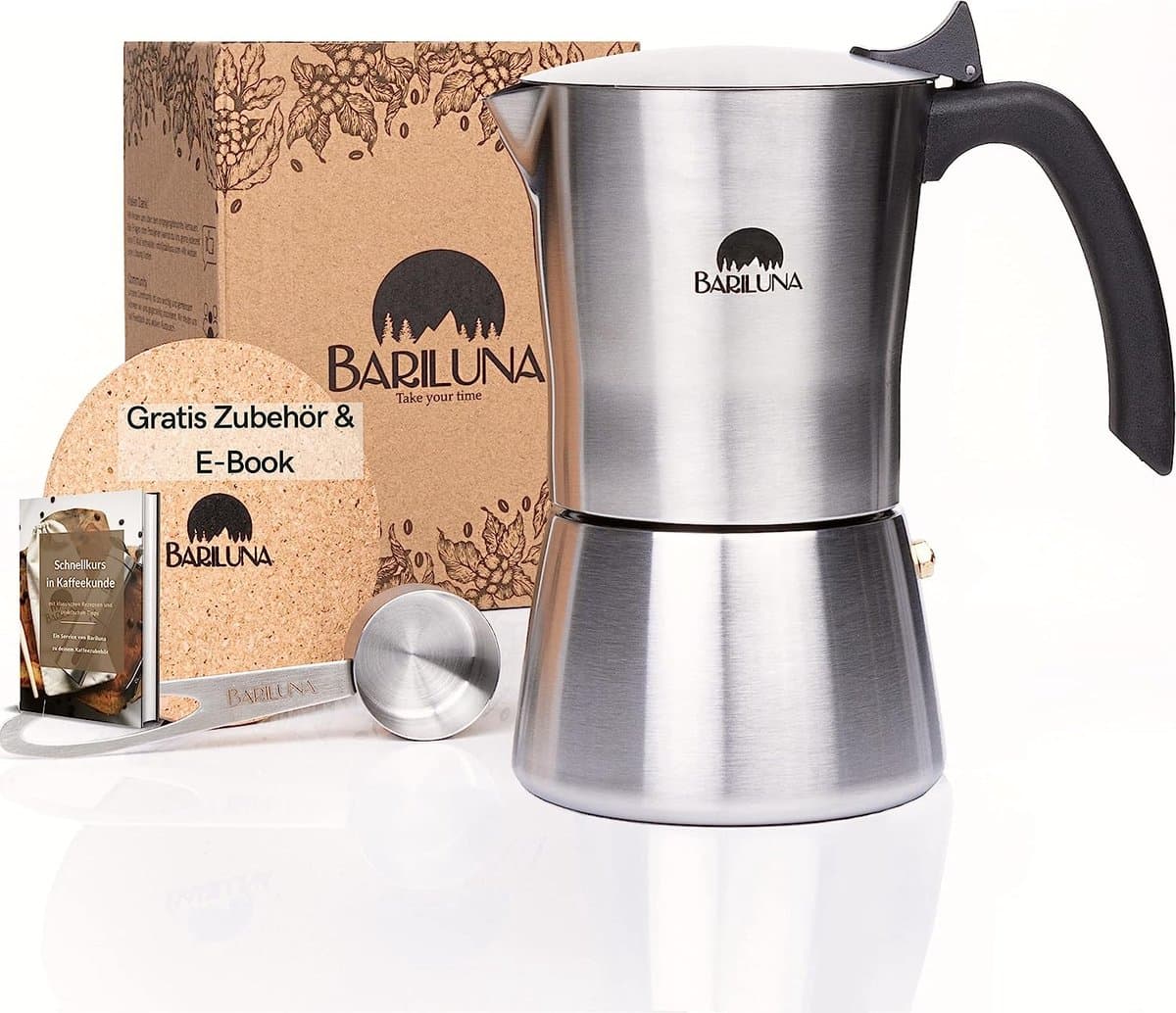 Premium espressomachine van roestvrij staal, geschikt voor inductie, 4-6 kopjes espresso, 150-300 ml mokkamaker, campingkooktoestel met toebehoren, aluminium vrij voor koffie (4 kopjes, 150 ml) — afbeelding 1