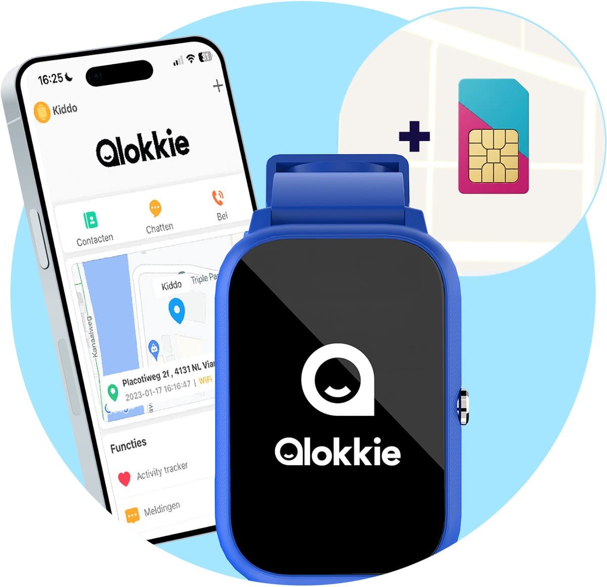 Qlokkie Kiddo Slim 2 Blauw – GPS horloge kind – Smartwatch kinderen – GPS tracker kind met nauwkeurige locatiebepaling – GPS horloge met simkaart – Videobellen – SOS functie – Stel veilige zones in – Waterdicht IP68 — afbeelding 1