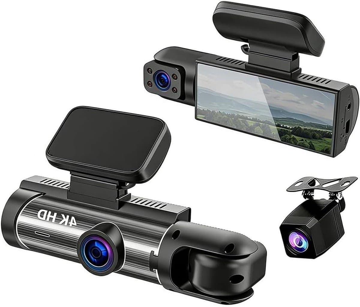 Dashcam Auto - Autocamera Rijcamera - Veiliger Rijden - Voor Achter en Interieur - Inclusief 64GB - Zwart — afbeelding 1