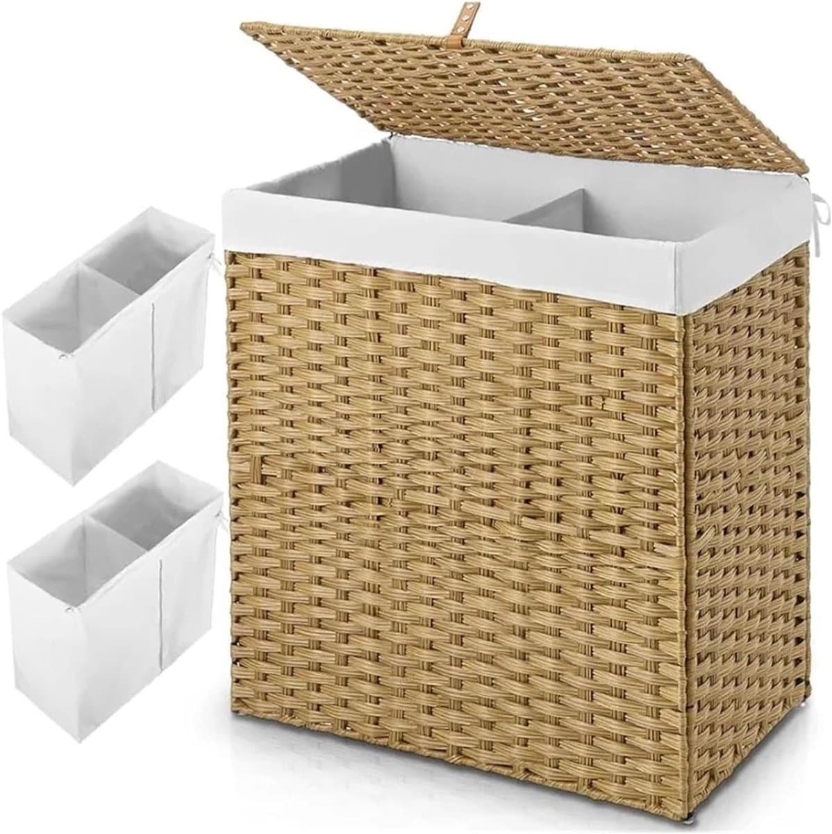 Wasmand - Kledingmand Rotan - Kleding sorteren - Met 2 vakken - 110L - Natuurlijk — afbeelding 1