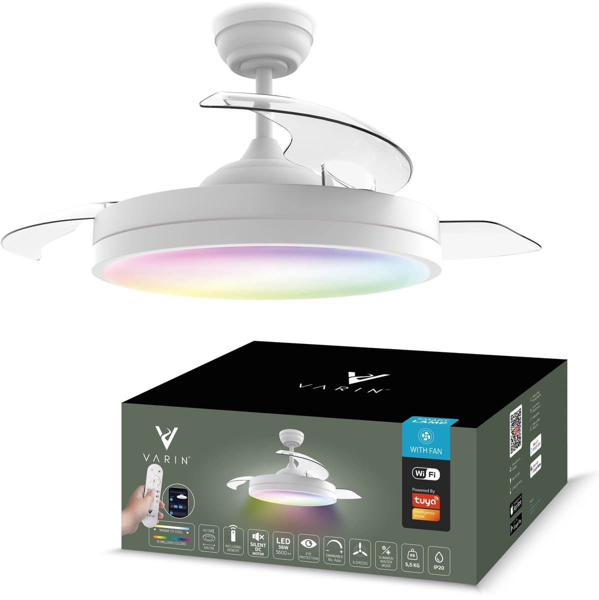 Varin® Smart Plafondventilator met verlichting - Wit - Tuya Wifi - LED 36W RGBW - Ø 50cm/108cm - Super stil - Smart lamp - Plafondlamp slaapkamer - Plafonniere woonkamer - Plafondlampen - Plafond lamp - Verlichting kinderkamer - Ventilator — afbeelding 1