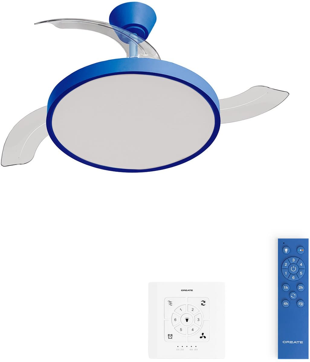 CREATE - Plafondventilator 40W stil met intrekbare bladen met licht - Ø108cm - Kobaltblauw - Controller voor wandmontage + afstandsbediening - WIND CLEAR STUDIO — afbeelding 1