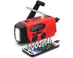 Noodradio Solar - Solar Opwindbaar - AM/FM/NOAA-radio - 2000mAh Powerbank - LED Zaklamp Oplaadbaar- SOS alarm - USB-C kabel - voor Buiten Kamperen Thuis Noodstroomuitval - Waterdicht - Draagbare radio's - Rood