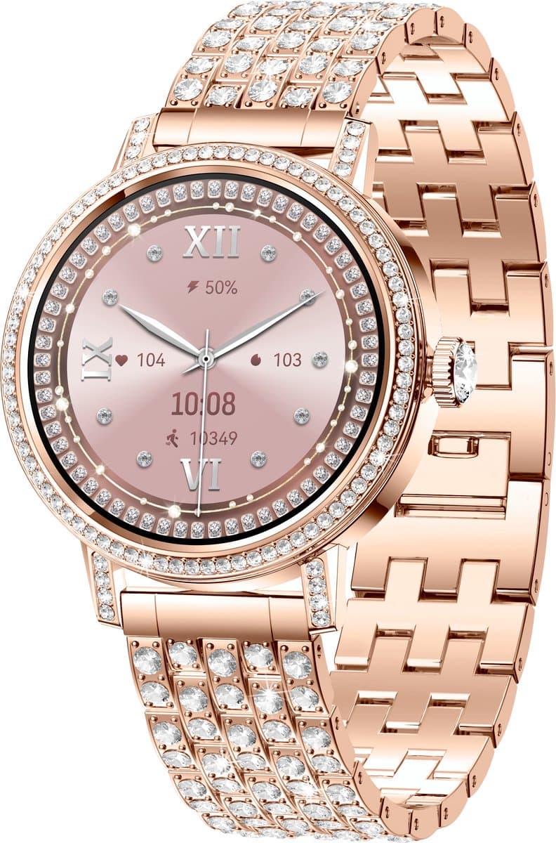 Knobbout 1.27" (3,2 cm) Smartwatch met Fonkelende Strass Steentjes – Luxe Design | Bellen via Bluetooth | Hartslag, Bloeddruk & SpO2 | IP67 Waterdicht | BT 5.3 | HD Scherm -Goud — afbeelding 1