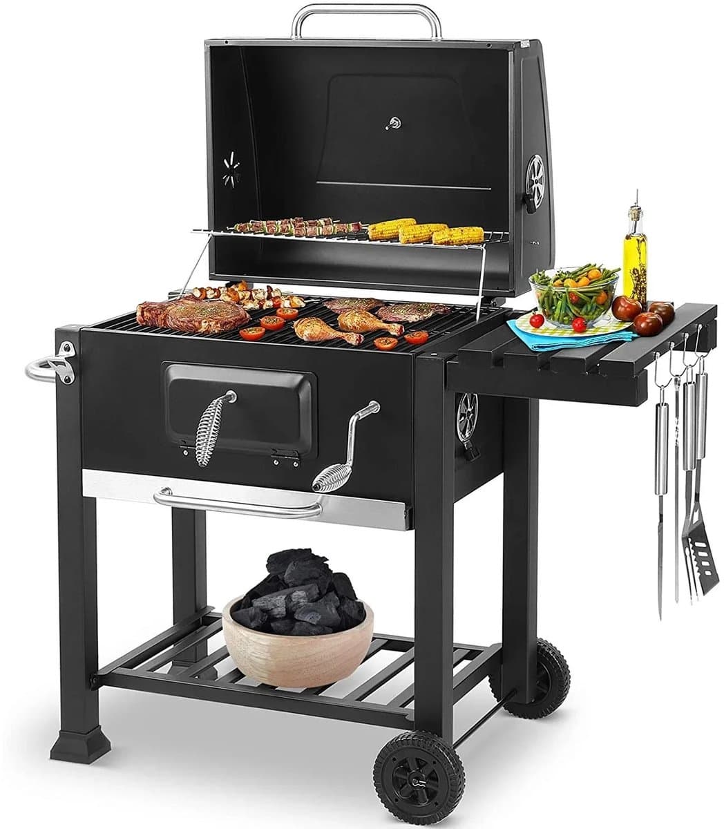 LUMÈ STORE Houtskool BBQ Grill – Trolley Barbecue met Deksel & Thermometer – Groot – Met Wielen, Zijtafel & Aslade – Zwart — afbeelding 1