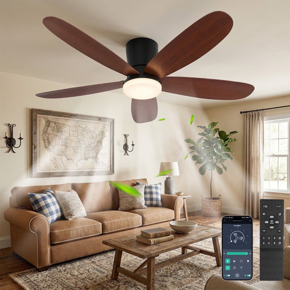 MUPOO Houtlook plafondventilator met verlichting 106 cm- Afstandsbediening & App Bediening - Stille & Dimbare LED - Zomer en Winterstand-6 Snelheden & Geheugen-ventilator lamp plafond Voor Slaapkamer en Woonkamer — afbeelding 1