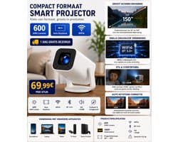 Nieuwste Draagbare 4K Android 14 Projector – Beamer met 600 ANSI Lumen, Auto Focus, Dual WiFi & Bluetooth 5.0 – 150 Inch Home Cinema Projector
