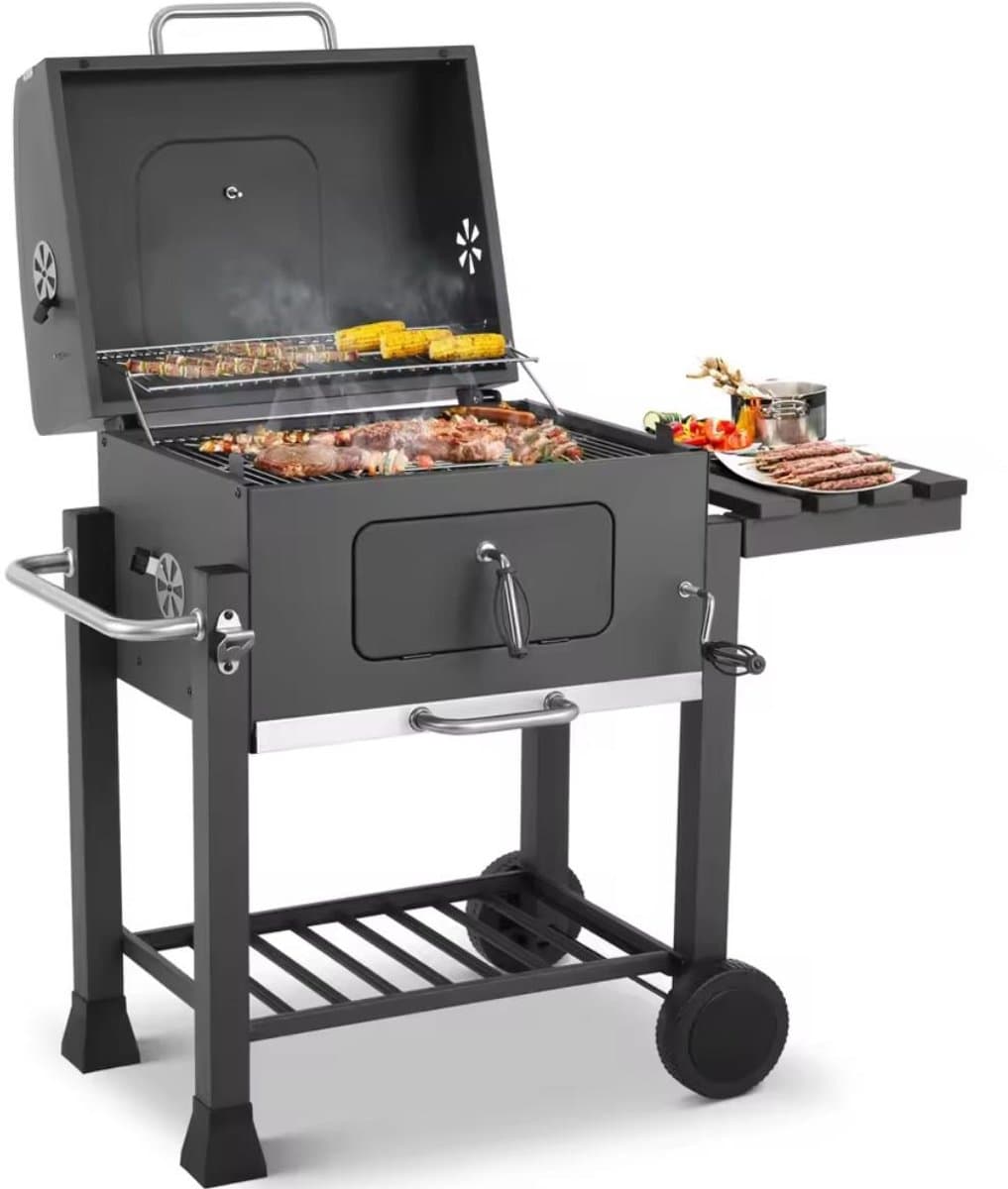 Houtskoolgrill met opvouwbare bijzettafel - BBQ-grill - buitenpicknicks - achtertuingrillen — afbeelding 1