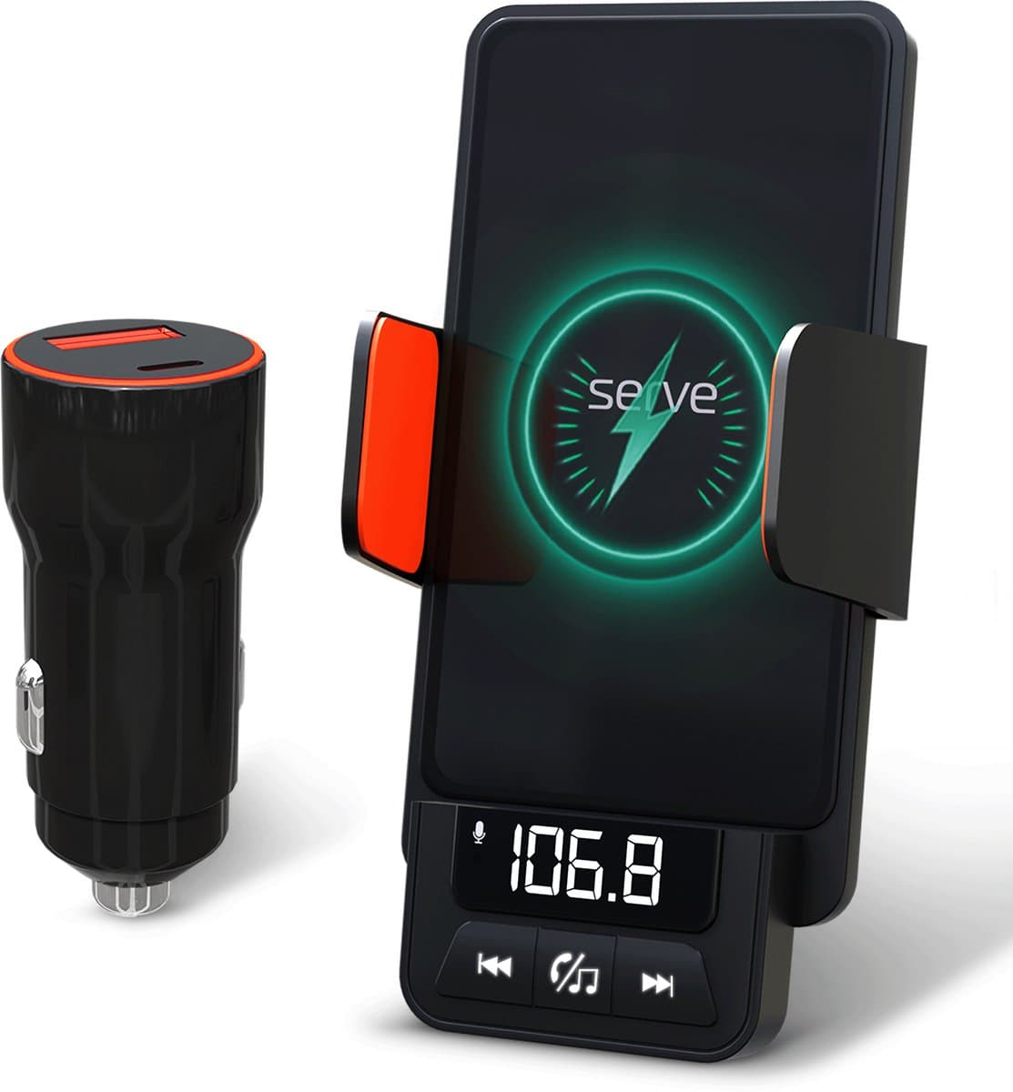 Serve FM Transmitter 3 in 1 Carkit - Telefoonhouder Auto + Draadloos Opladen - Telefoonhouders Auto Accessoires - Draadloze Snellader 15W Autolader - Ventilatie Houder — afbeelding 1