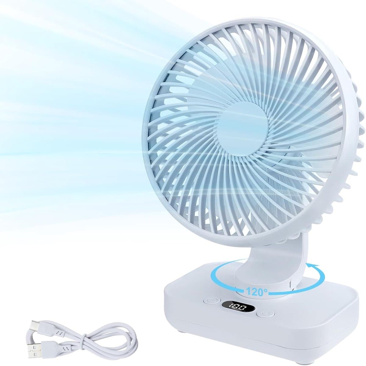 Zakventilator - Draagbare USB-bureauventilator - Ultrastille automatische oscillatie 120° - Krachtige oplaadbare batterij van 4000 mAh - Mini-bureauventilator - 4 snelheden - Kleine ventilator voor thuis, slaapkamer en buiten - Wit — afbeelding 1
