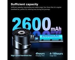 Draagbare mini USB ventilator met 2600 mAh batterij - Oplaadbare handventilator voor buiten - Max. 16 uur gebruik, 4 snelheden