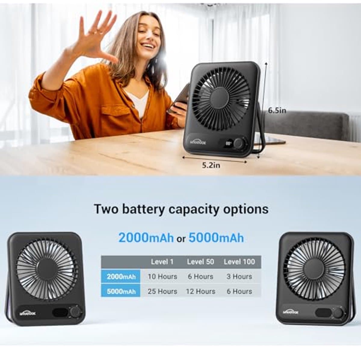 Mini USB Ventilator met Draaiknop - 5000mAh, Fluisterstil, 24u Autonomie, Snelladen via USB-C — afbeelding 1