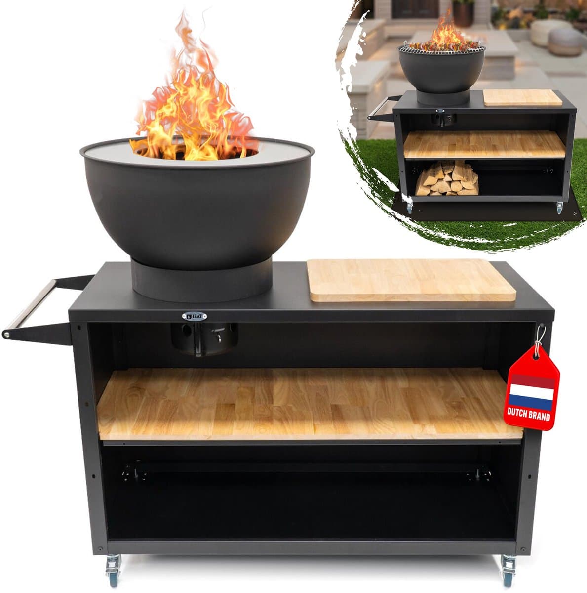 HEAT Buitenkeuken Trolley Zwart – Vuurschaal 60 cm - Mobiele BBQ & Plancha met Snijplank – 117x46x106 cm — afbeelding 1