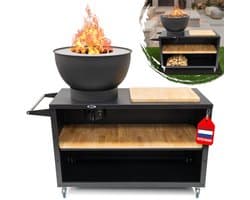 HEAT Buitenkeuken Trolley Zwart – Vuurschaal 60 cm - Mobiele BBQ & Plancha met Snijplank – 117x46x106 cm