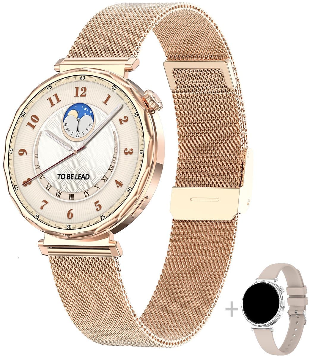 Knobbout 1.6” Elegant Design Smartwatch met Bluetooth Bellen – AI Spraakassistent - Muziekbediening - Vrouwelijke Gezondheidszorg - Sporttracking- Multifuntioneel Horloge - Gouden staal + silicone band — afbeelding 1