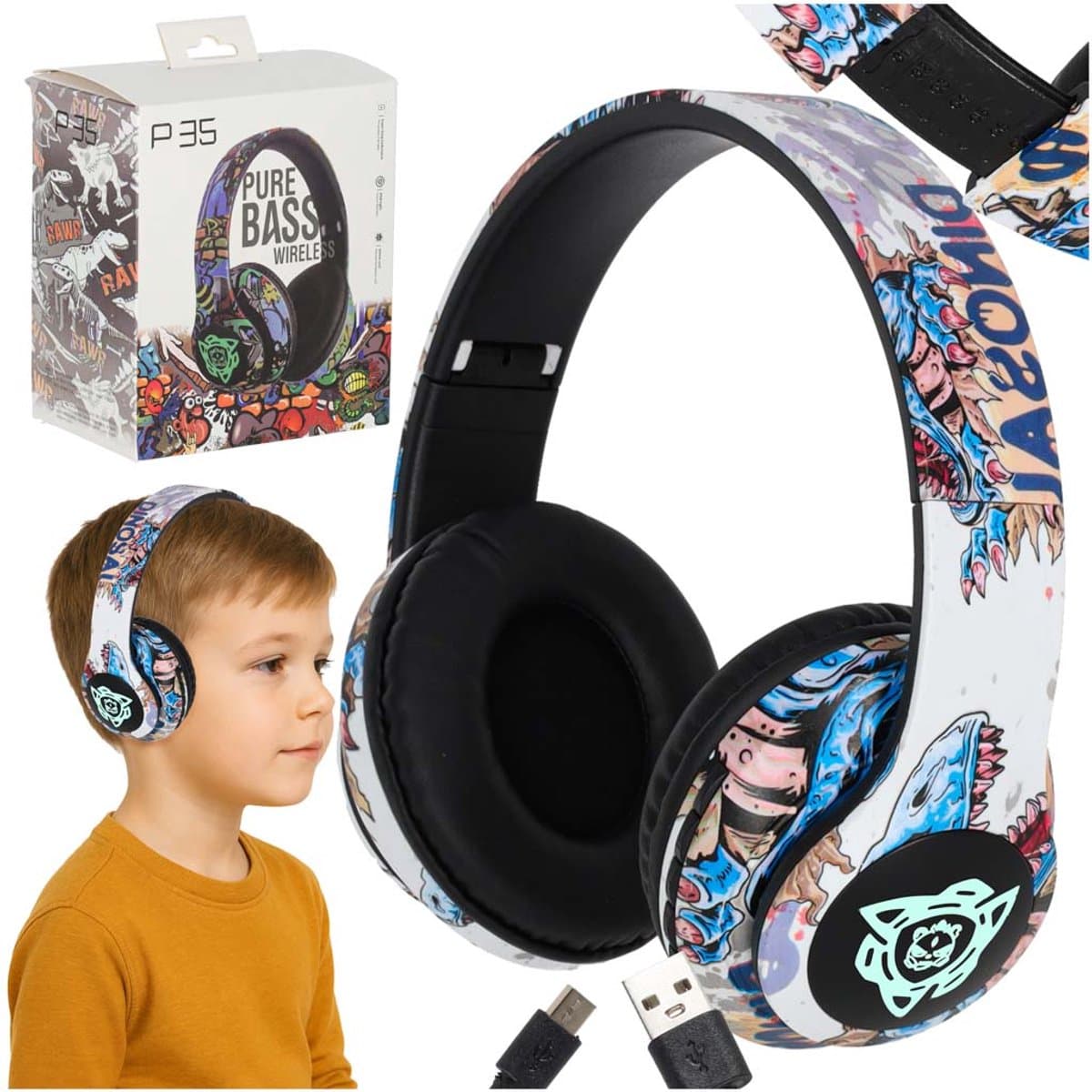 MOZY® - Draadloze Koptelefoon - Wit Graffiti - Bluetooth - tot 10 Meter - Bedieningspaneel - Bellen - met Ingebouwde Microfoon - Hoofdtelefoon Kinderen - Verstelbaar — afbeelding 1