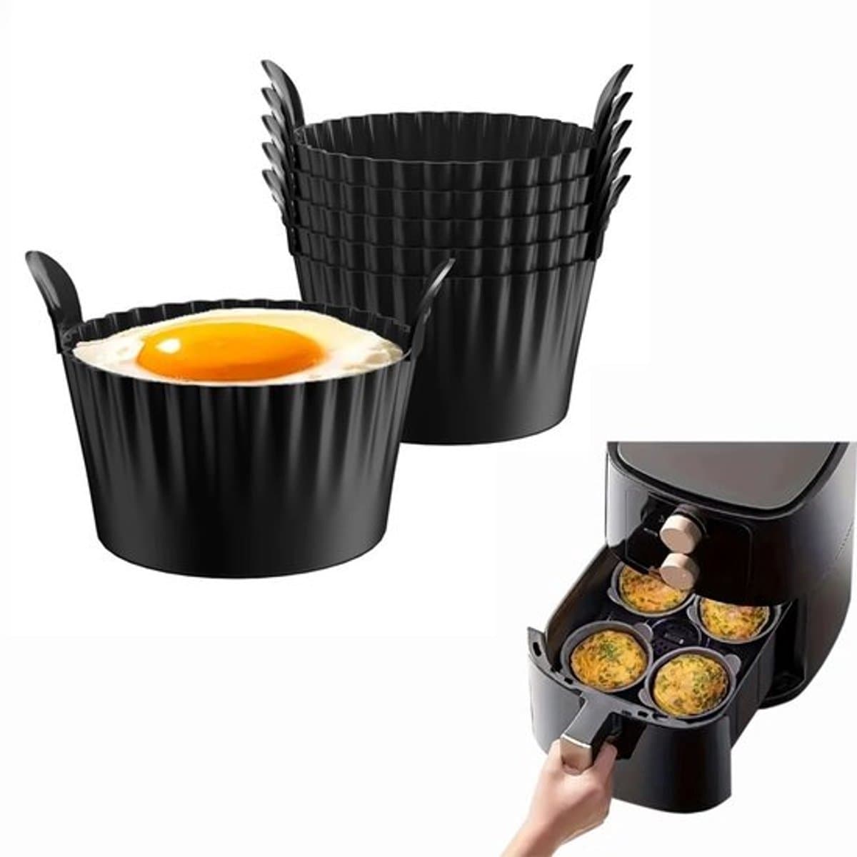 6 stuks - Airfryer accessoires - Airfryer eivorm - Airfryer siliconen bakje - BPA vrij - Geschikt voor alle airfryers - Zwart - 9*9*5.5cm — afbeelding 1
