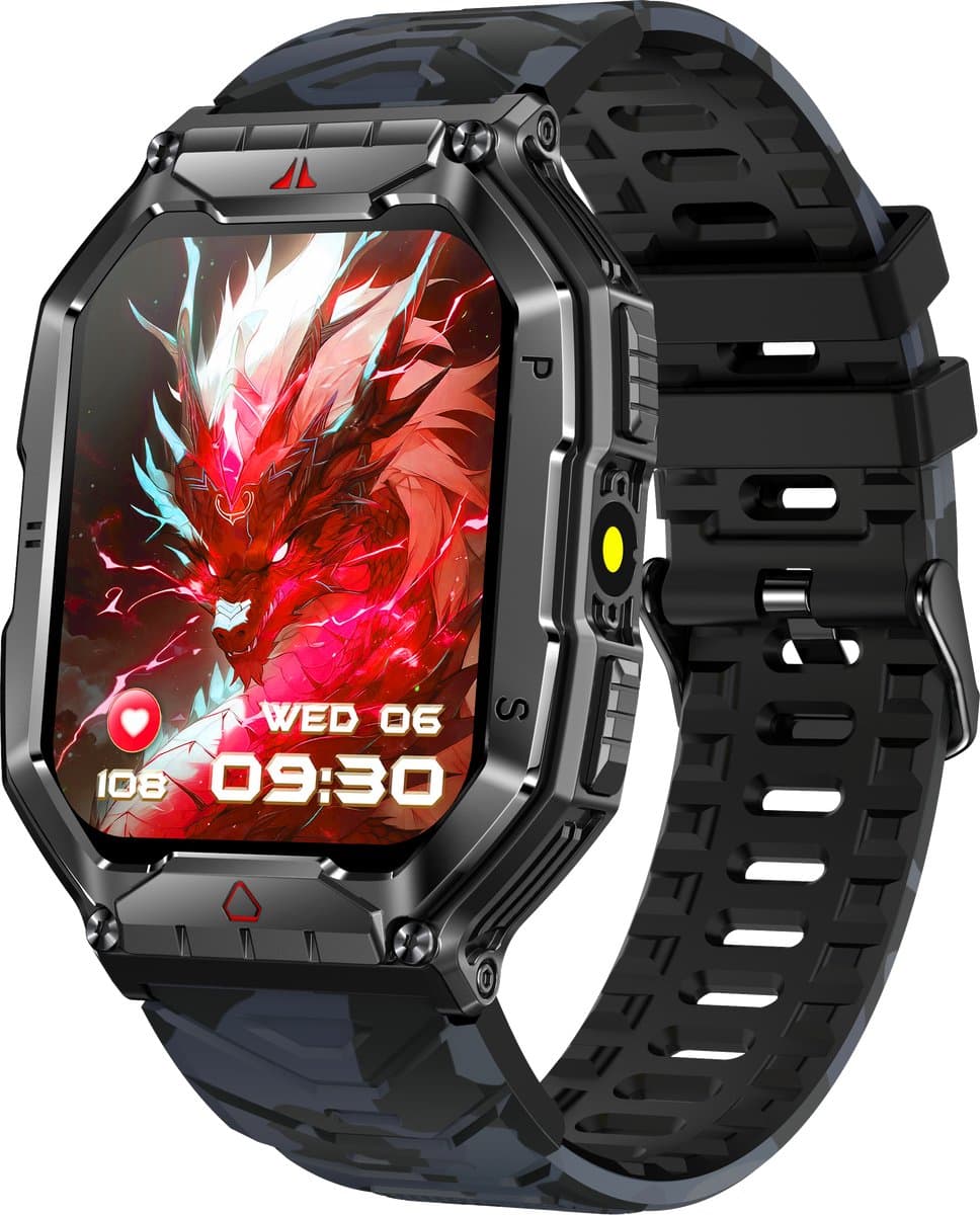 Knobbout 2.1” (3.4*4.2cm) Groot Outdoor Smartwatch – Barometer, LED-Zaklamp- Bluetooth Bellen- Kompas & Hoogtemeter- AI spraakassistent -Hartslag & SpO₂ - 650mAh Batterij - 1ATM Waterdicht - Zwarte camouflage siliconen horlogeband — afbeelding 1