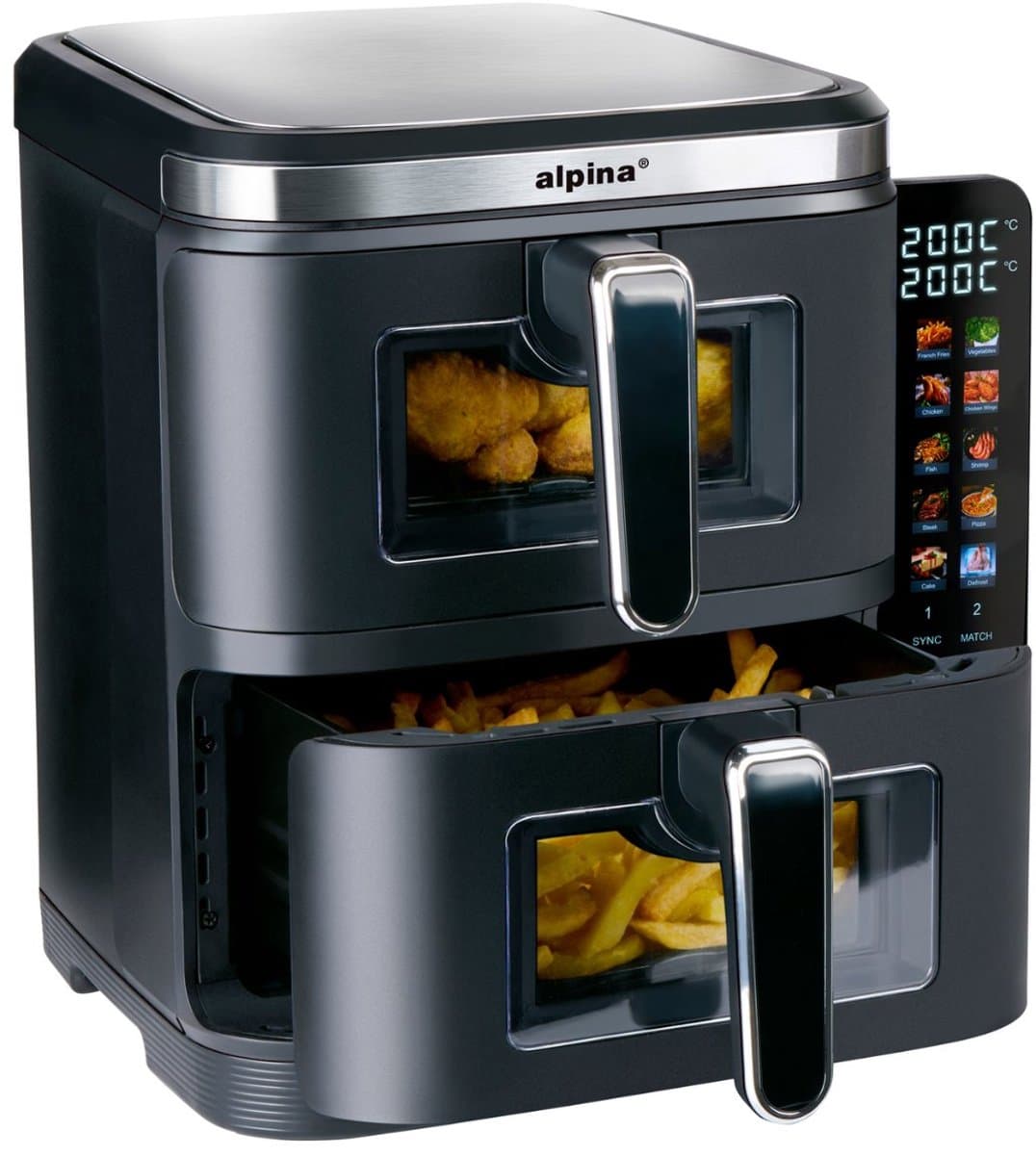 alpina Dubbele Airfryer XXL - Air Fryer 11L - Heteluchtfriteuse met 2 Manden - Duo Oven voor 8 Personen - Opvouwbaar Display - Timerfunctie tot 60 Minuten - Temperatuur 60-200°C - Zwart — afbeelding 1