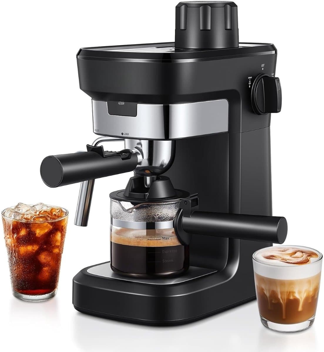 espressomachine met filterhouder, 6 bar, espressomachine van roestvrij staal met professioneel melkschuimmondstuk, ideaal voor cappuccino, latte en macchiato, compact en stijlvol. — afbeelding 1