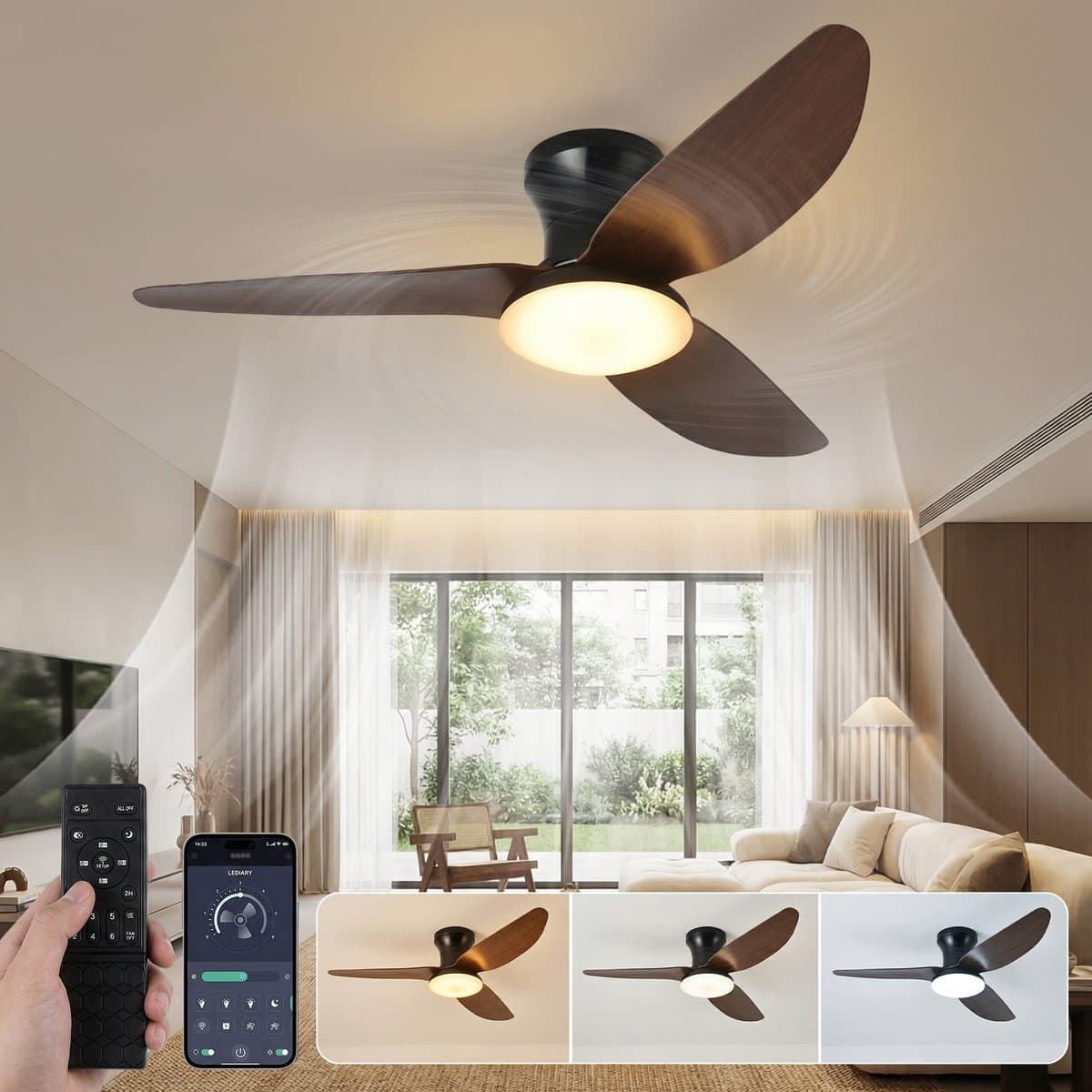 MUPOO Houtlook Plafondventilator met Verlichting Ø100cm - Stil & Dimbaar - Zomer en Winterstand-Smart App & Afstandsbediening -6 Snelheden & Geheugen- Timer- ventilator lamp Voor Slaapkamer / Woonkamer - Walnoothoutkleur — afbeelding 1