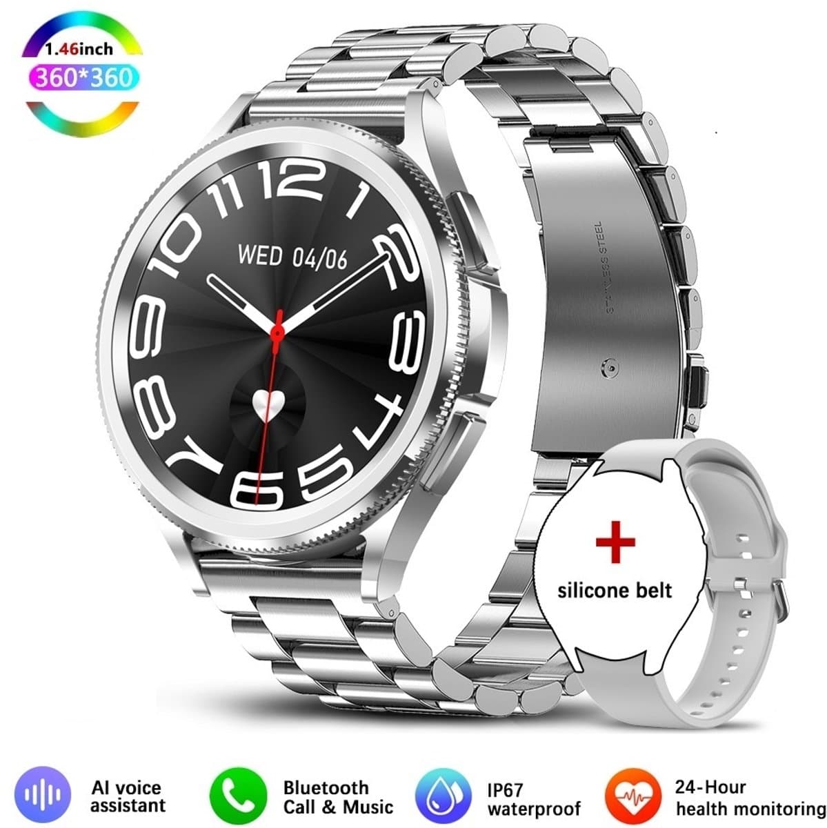 Knobbout Slimme Bluetooth Smartwatch 1.46" – Full HD Kleuren Display – Hartslag & Bloeddruk & Bloedzuurstof – Bluetooth Bellen, Muziek, AI Spraakbesturing – Vrouwen Gezondheid, Waterdicht – iOS & Android - Zilver staal+silicone horlogebandjes — afbeelding 1