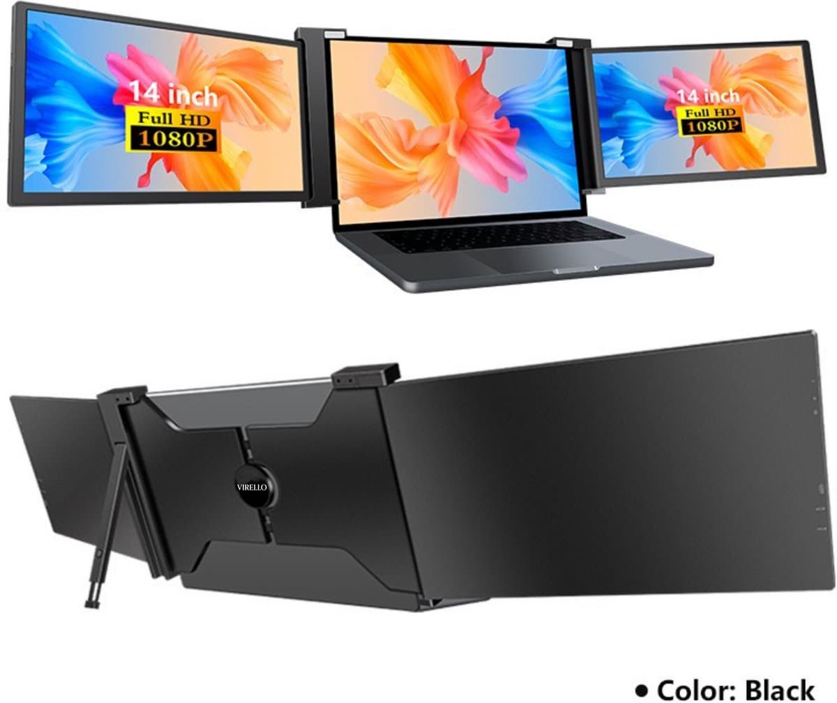 Virello® Portable Monitor Pro 2025 - 2x Full‑HD IPS 14″ scherm - Voor Laptops van 14" t/m 17.3" - Laptopscherm uitbreider - USB-C/USB-A & HDMI - Inclusief Hoes & Kabels - Zwart - 2 jaar garantie — afbeelding 1
