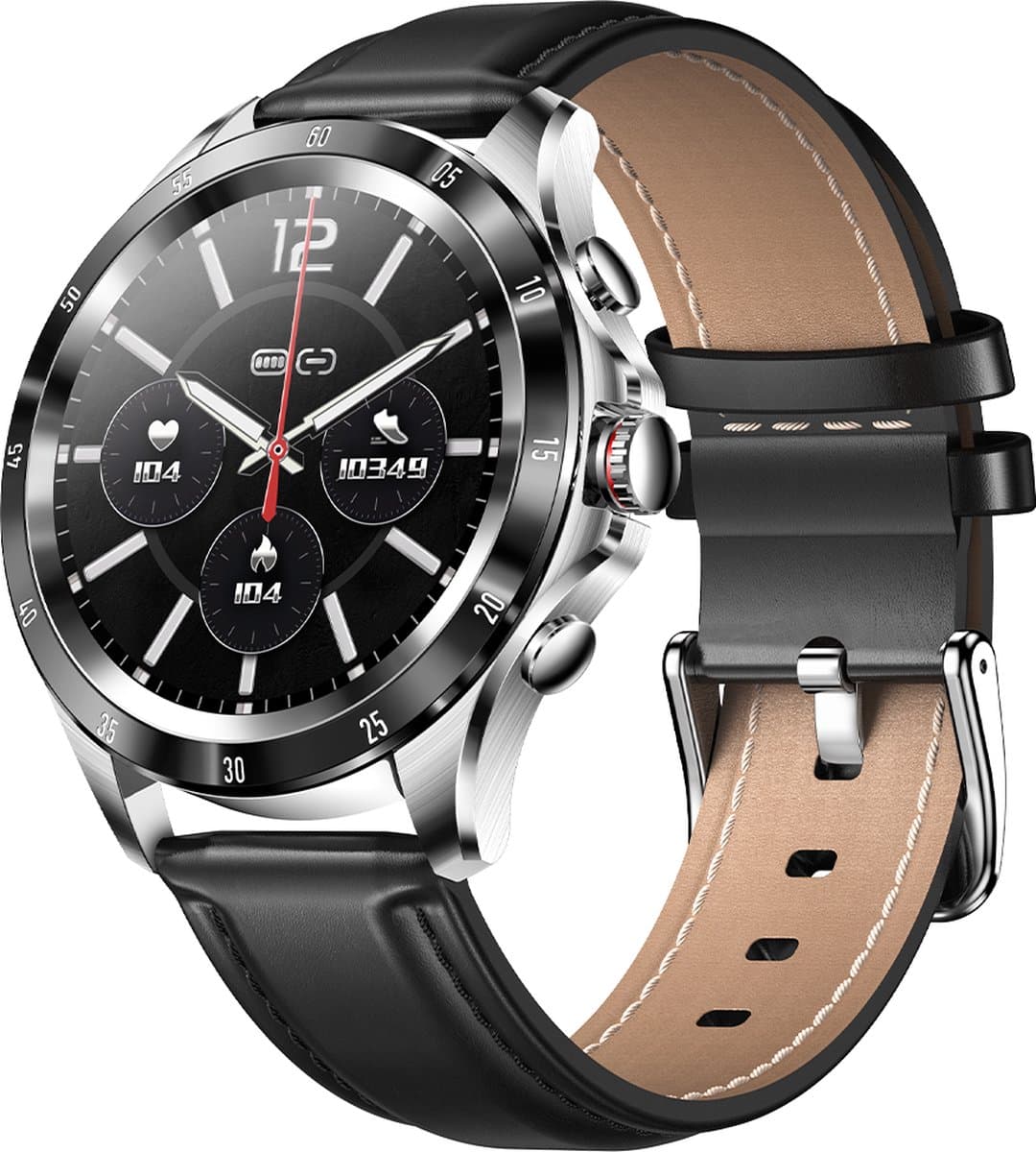 Darenci Platinum Pro Smartwatch Heren – Zilver/Zwart – Leren Band – Bluetooth Bellen & Muziek – Hartslag-, Bloeddruk- & Zuurstofmeter – IP67 Waterdicht – Luxe Activity Tracker — afbeelding 1