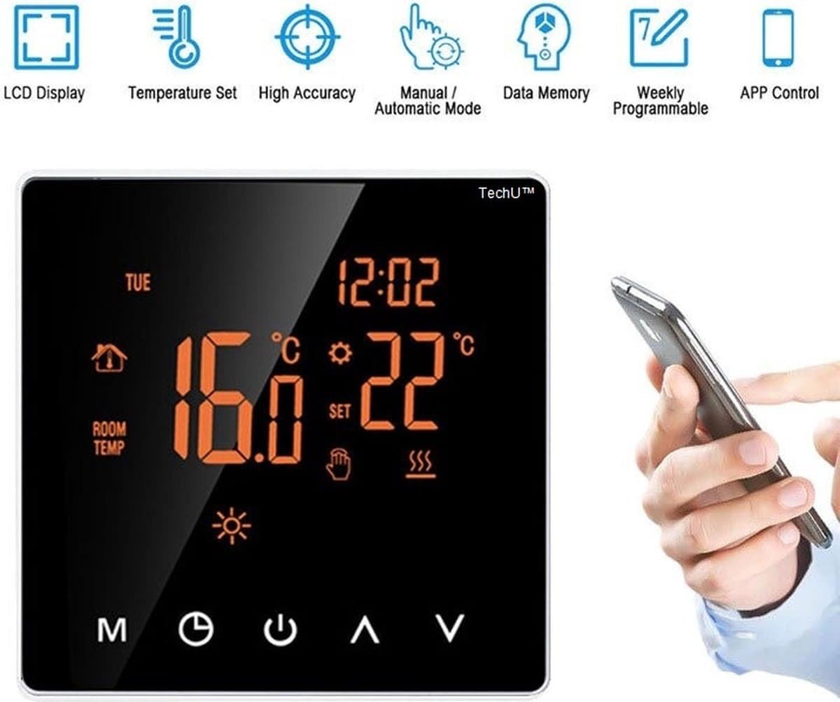 TechU™ Slimme Thermostaat Limit – Zwart – Alleen voor Elektrische Vloerverwarming – App & Wifi – Google Assistant & Amazon Alexa – IFTTT — afbeelding 1