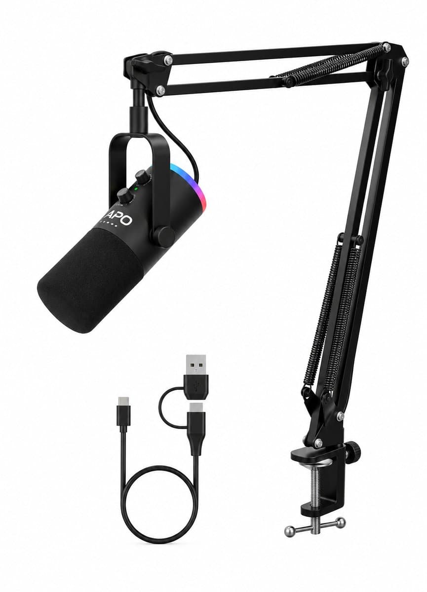 APO Electronics®- Studio 1T - USB / XLR Gaming Microfoon met Boom Arm - RGB - Streaming & Podcast Microfoon - Volume & Echo - Zwart — afbeelding 1