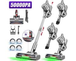 Adormii Steelstofzuiger Draadloos – 50000Pa Sterke Zuigkracht – 60 Min Accuduur – Anti-haarwikkel Vloerborstel – 4 HEPA-filters – 1,6 L Stofreservoir – Groene LED Stofdetectieverlichting – Goud
