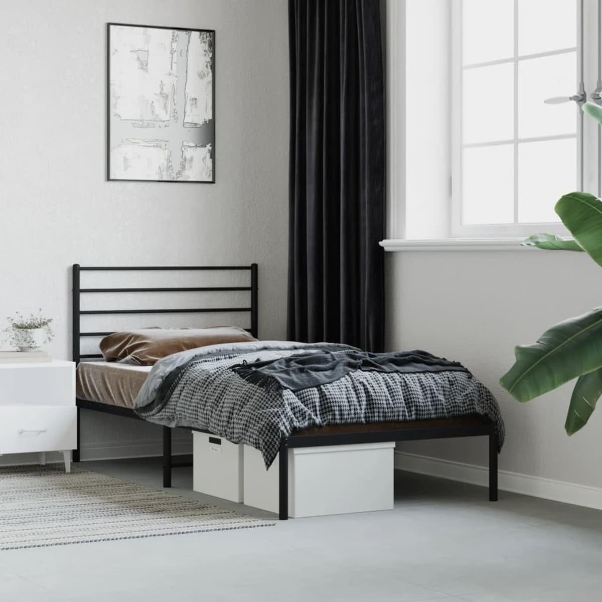 Bedframe met hoofdeinde, metaal, zwart, 90 x 200 cm, bedframe voor woonkamer, slaapkamer, hotelbedframe, geschikt voor slaapkamer — afbeelding 1
