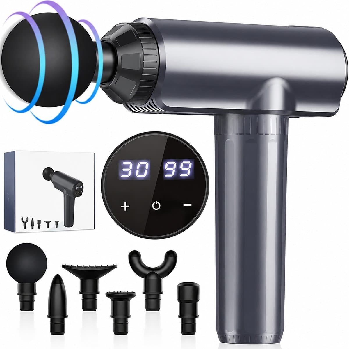 Massagepistool - 30 Snelheidsstanden - 6 Massagekoppen - LCD-Display - Voor Spiermassage en Herstel - Draagbaar Spiermassageapparaat — afbeelding 1