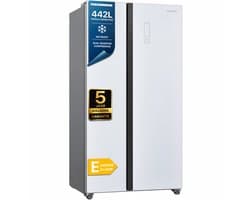 Heinner HSBS-H442NFGWHE++ Amerikaanse Side-by-Side Koelkast – 442 L – Full No Frost – Deur-open Alarm – LED Touch Display – Smart Eco Functie – Wit – 5 Jaar Garantie