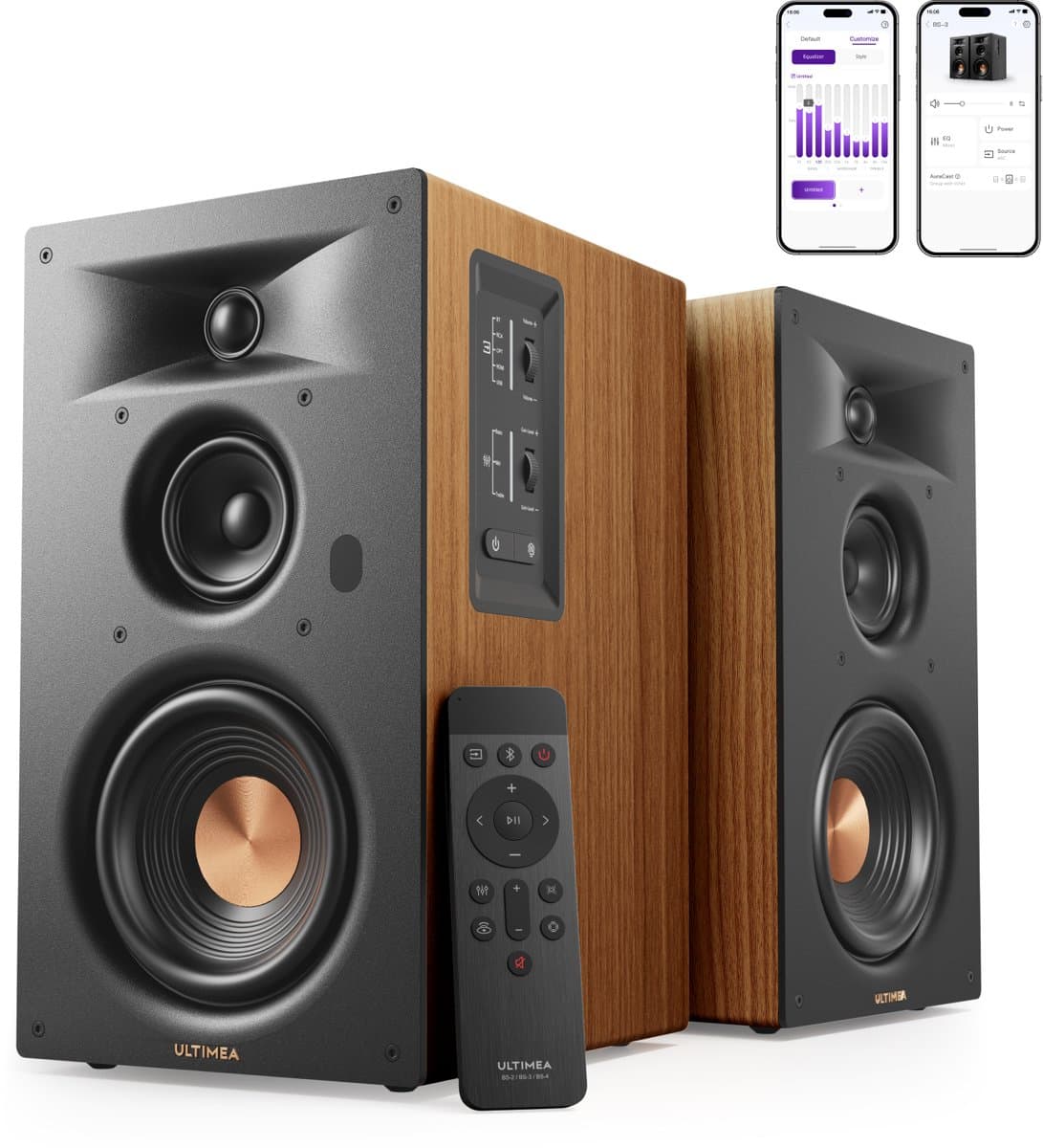 ULTIMEA 3-weg boekenplankluidsprekers met 5,25-inch woofer, 70W RMS, HDMI ARC, Bluetooth, Auracast, voor thuisbioscoop en platenspeler, Een paar, Bruin — afbeelding 1