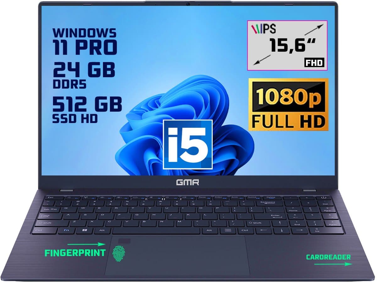 GMR | Elegante 15.6-inch Laptop voor Professionals | Intel i5 Processor - 24GB DDR5 RAM - 512GB M.2 SSD | Perfect voor Office & Zakelijk Gebruik (Windows 11 Pro) — afbeelding 1