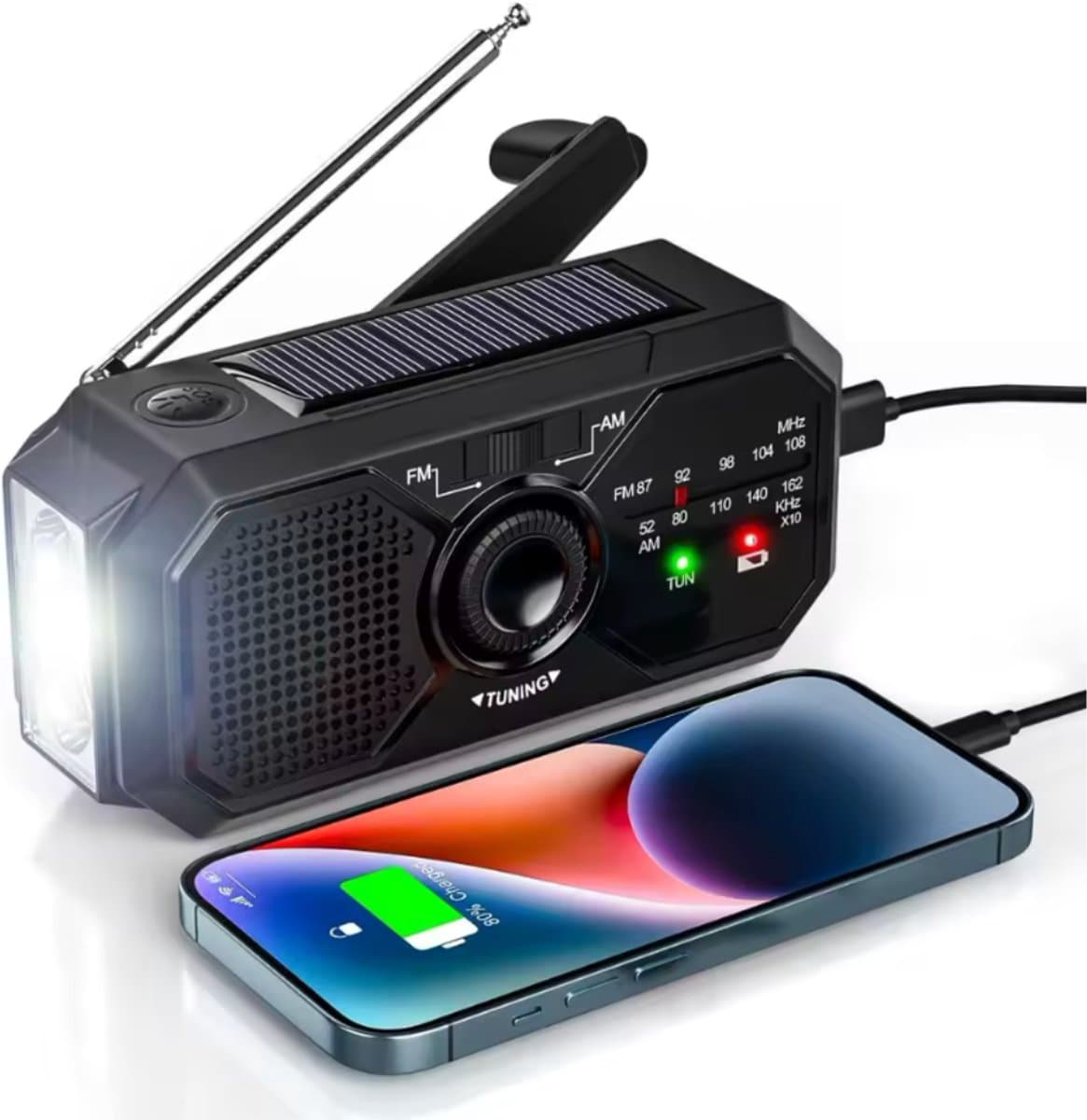 Noodradio op accu voor rampen met zaklamp en powerbank - Opladen met USB, zonneenergie en dynamo opwindbaar met accu van 3500mAh - FM/AM radio - Survival Noodpakket - Draagbare Radio - Solar Wereldradio - SOS lamp - Zwart — afbeelding 1