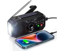 Noodradio op accu voor rampen met zaklamp en powerbank - Opladen met USB, zonneenergie en dynamo opwindbaar met accu van 3500mAh - FM/AM radio - Survival Noodpakket - Draagbare Radio - Solar Wereldradio - SOS lamp - Zwart