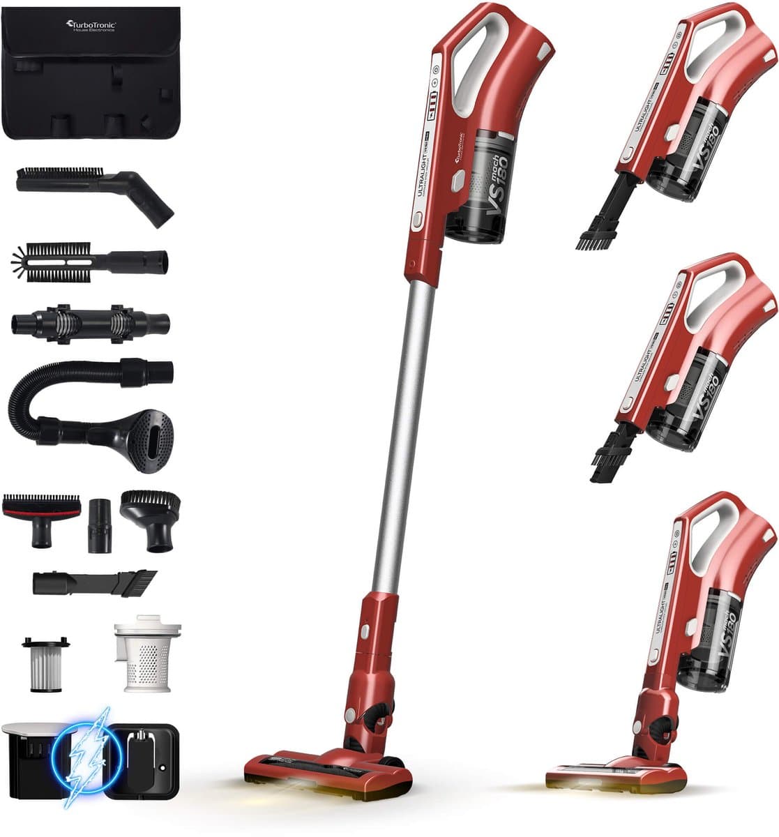 TurboTronic VS180 Cyclonic - 2-in-1 draadloze Steelstofzuiger met kruimeldief – hoge zuigkracht - 2 snelheden - 2200 mAH accu - 180W - extra accessoires - Zwart — afbeelding 1