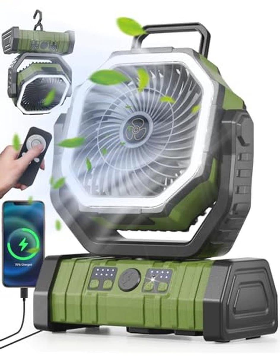 Ventilator met LED-lantaarn voor Camping en Outdoor Activiteiten - 4 Snelheden, Stil, USB Oplaadbaar — afbeelding 1