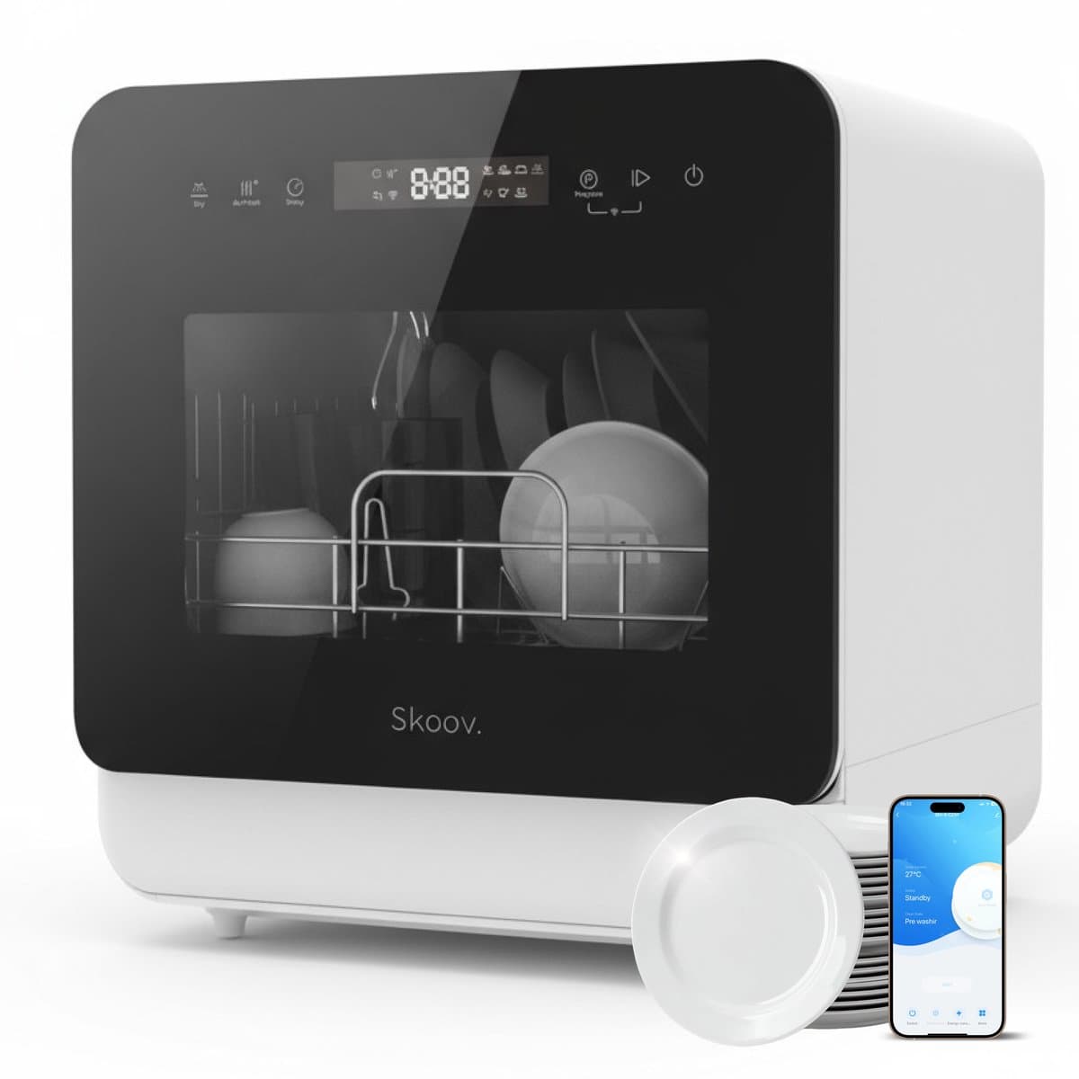 Skoov Mini Vaatwasser met waterreservoir - 5 couverts - 6 wasprogramma's - 45cm - Kleine smalle vrijstaande afwasmachine - Camping - Wit — afbeelding 1