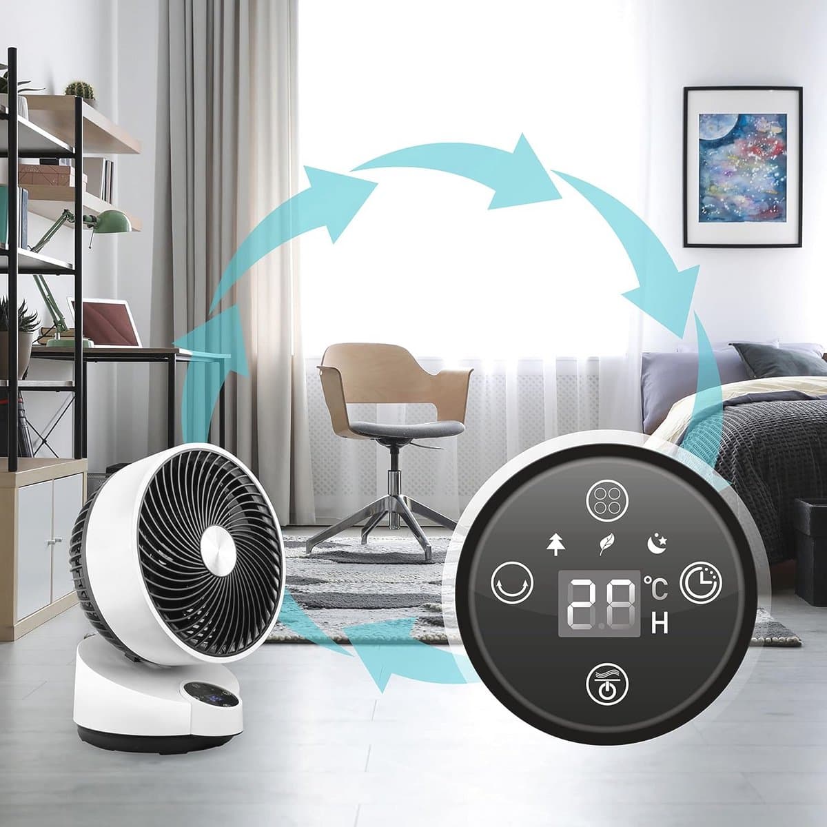 Energi besparende 90 graden kantelbare ventilator met afstandsbediening en touch-display voor woonkamer, keuken en slaapkamer tot 20 m² — afbeelding 1